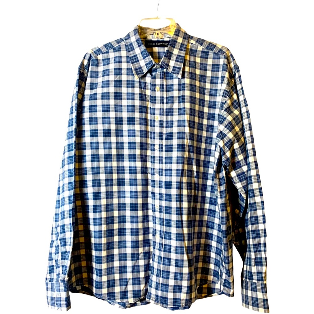 Reed Edward Men’s Blue White Plaid 100% Cotton Casual Shirt XL